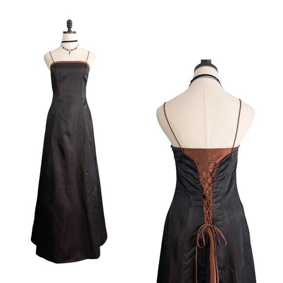 Vintage Betsy Adam Prom Dress Maxi Gown 4 Black Brown 90s Y2K Goth Grunge Corset - Picture 1 of 14